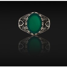 Umut Silver Yeşil Zirkon Taşlı Oval Işlemeli Gümüş Erkek Yüzük