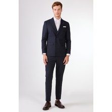 Dufy Lacivert Çizgili Kruvaze Slim Fit Takım Elbise