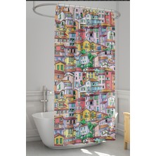 Moud's Banyo Perdesi, Renkli Evler Desenli Duş Perdesi, Küvet Perdesi, Halka Hediyeli 175X200CM Bp-74