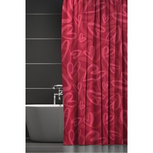 Moud's Banyo Perdesi, Kırmızı Pembe Kalp Desenli Duş Perdesi, Küvet Perdesi, Halka Hediyeli 175X200CM Bp-64