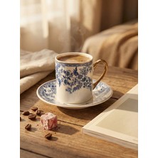 Lüks Mavi Beyaz Çiçekli 6'lı Porselen Türk Kahvesi Fincan Takımı Gold Kulp 80ML Hediyelik Set