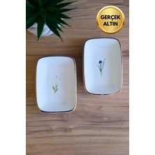 Tabak Evi Porselen Natura Karma Altın Yaldızlı Dikdörtgen Kayık Tabak 12X8,50CM 2 Parça