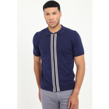 Dufy Lacivert Fermuar Yaka Çizgili Slim Fit Kısa Kollu Erkek Triko T