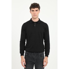 Dufy Siyah Polo Yaka Uzun Kol Regular Fit Erkek Triko