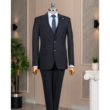 İtalyan stil slim fit sivri yaka ceket yelek pantolon takım elbise lacivert T14862