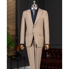 Italyan Stil Slim Fit Mono Yaka Ceket Pantolon Takım Elbise Bej T14764