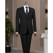 İtalyan stil slim fit sivri yaka ceket yelek pantolon takım elbise siyah T14861