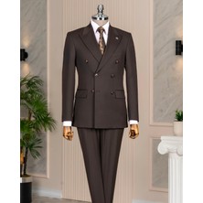 Italyan Stil Slim Fit Kruvaze Ceket Pantolon Takım Elbise Kahverengi T14857