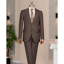 Italyan Stil Slim Fit Mono Yaka Ceket Pantolon Takım Elbise Kahverengi T14761