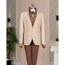 Italyan Stil Slim Fit Desenli Kapitone Çıkma Yaka Torba Cep Ceket Bej T15123