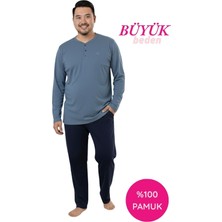 Bie's Erkek Füme Lacivert Büyük Beden 3 Düğmeli %100 Pamuk Mevsimlik Uzun Kol Cepli Pijama Takımı