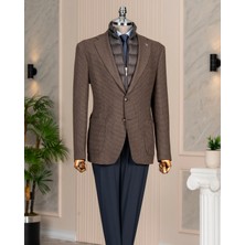Italyan Stil Slim Fit Desenli Kapitone Çıkma Yaka Torba Cep Ceket Kahve T15124