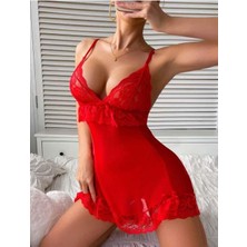 Aria's Closet Arias Closet Kırmızı Dantel Işlemeli Ince Askılı Likralı Fantezi Tül Gecelik