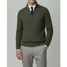 Italyan Stil Slim Fit Fermuarlı Polo Yaka Triko Kazak Yeşil T14946