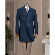 Italyan Stil Slim Fit Kruvaze Kaşe Yan Cepli Erkek Kaban Lacivert T14987