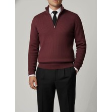 Italyan Stil Slim Fit Fermuarlı Polo Yaka Triko Kazak Bordo T14943