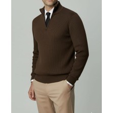 Italyan Stil Slim Fit Fermuarlı Polo Yaka Triko Kazak Tütün T14941