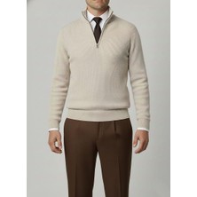 Italyan Stil Slim Fit Fermuarlı Polo Yaka Triko Kazak Bej T14942