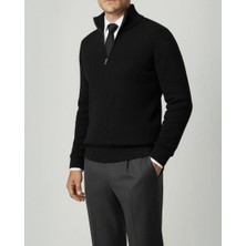 Italyan Stil Slim Fit Fermuarlı Polo Yaka Triko Kazak Siyah T14944