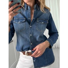 Kadın Çıt Çı Kapamalı Çift Cepli Yakası Taş Detaylı Likralı Slim Fit Üst Düzey Jean Gömlek