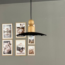 Bamyum Moriva Siyah Metal Avize Kalın Ahşap Boncuk Başlık Tekli Rustik Cafe Modern Sarkıt Aydınlatma