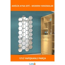 Letsii Yapışkanlı Akrilik Gümüş Altıgen Dekoratif Ayna 12 Adet