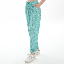 Asn Concept Kadın Desenli Mint Renk, Paçası Lastikli Pantolon (Büyük Beden Seçenekli)