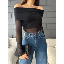 Kadın Madonna Yaka Tül Detaylı Bluz