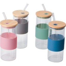 Tohana Bambu Kapaklı Cam Pipetli Kupa 400 Ml 1 Adet Gri
