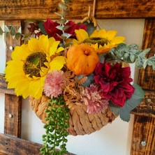 Lotus Hediye Hasır Sepetli Ayçiçekli ve Bal Kabaklı Kapı Süsü,çelenk Duvar Dekoru