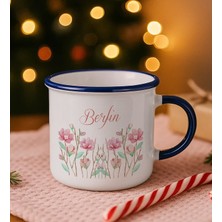 Bk Gift Kişiye Özel Çiçek Tasarımlı Lacivert Emaye Kupa Bardak -15, Arkadaşa Hediye, Sevgiliye Hediye