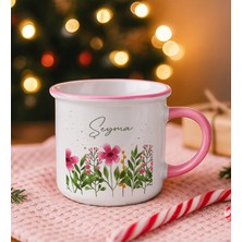 Bk Gift Kişiye Özel Çiçek Tasarımlı Pembe Emaye Kupa Bardak -6, Arkadaşa Hediye, Sevgiliye Hediye