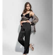 Leopar Desenli Dantel Bralet + Siyah Saten Pijama Takımı – Şık & Premium 2’li Takım