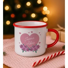 Bk Gift Kişiye Özel Çiçek Tasarımlı Kırmızı Emaye Kupa Bardak -20, Arkadaşa Hediye, Sevgiliye Hediye