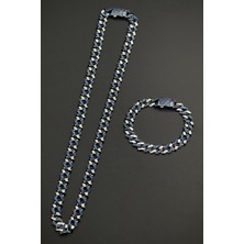 Frnch 925 Ayar Gümüş Lacivert Zirkon Taşlı Füme Renk Erkek Bileklik/kolye Set FRJ12726-3726-L