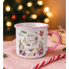 Bk Gift Kişiye Özel Çiçek Tasarımlı Pembe Emaye Kupa Bardak -1, Arkadaşa Hediye, Sevgiliye Hediye