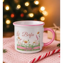 Bk Gift Kişiye Özel Çiçek Tasarımlı Pembe Emaye Kupa Bardak -14, Arkadaşa Hediye, Sevgiliye Hediye