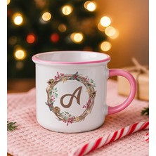 Bk Gift Kişiye Özel Harfli Yılbaşı Tasarımlı Pembe Emaye Kupa Bardak, Arkadaşa Hediye, Yeni Yıl Hediyesi