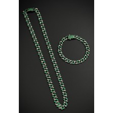 Frnch 925 Ayar Gümüş Yeşil Zirkon Taşlı Füme Renk Erkek Bileklik/kolye Set FRJ12726-3726-Y