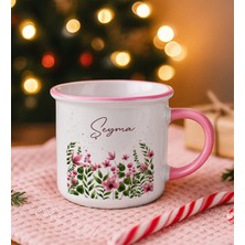 Bk Gift Kişiye Özel Çiçek Tasarımlı Pembe Emaye Kupa Bardak -5, Arkadaşa Hediye, Sevgiliye Hediye