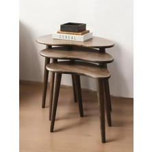 FAWdecor Faw Decor 3'lü Zigon Sehpa Seti Modern Asimetrik Ceviz Renk Oval Masif Ahşap Yan Sehpa Seti