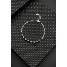 Frnch 925 Ayar Gümüş ve Safir Doğal Taşlı Siyah Renk Erkek Bileklik FRJ11990-2090-L2