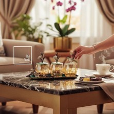 İki Yedi Konsept Enrico Sedef Kaplama 3’lü Metal Döküm Lüks Baharatlık Dekoratif Cam Kavanoz Seti Vıp Hediyeler Ev