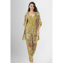 Senselle Lingerie Kadın Sarı Patchwork Desenli Saten Pijama Takımı – Askılı Üst & Rahat Kesim Alt, Premium 2’li Set