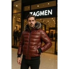 Zagmen Erkek Kürk Yaka Şişme Suni Deri Mont