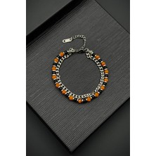 Frnch 316L Çelik Onyx ve Sedef Doğal Taşlı Turuncu Renk Erkek Bileklik FRJ12540-3540-BK