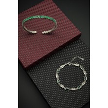 Frnch 925 Ayar Gümüş Yeşil Zirkon Taşlı Gümüş Renk Erkek Bileklik Set FRJ12696-3696-Y