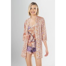 Senselle Lingerie Patchwork Saten Kadın Kimono + Askılı Üst + Şort Takımı – Hafif, Modern, Premium 3’lü Set