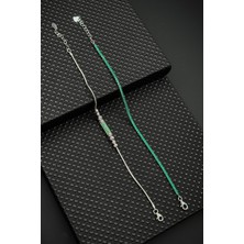Frnch 925 Ayar Gümüş Italyan Model Yeşil Zirkon Taşlı Gümüş Renk Erkek Bileklik Set FRJ12629-3629-Y