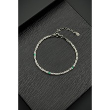 Frnch 925 Ayar Gümüş Italyan Model Yeşil Zirkon Taşlı Gümüş Renk Erkek Bileklik FRJ12361-3361-Y